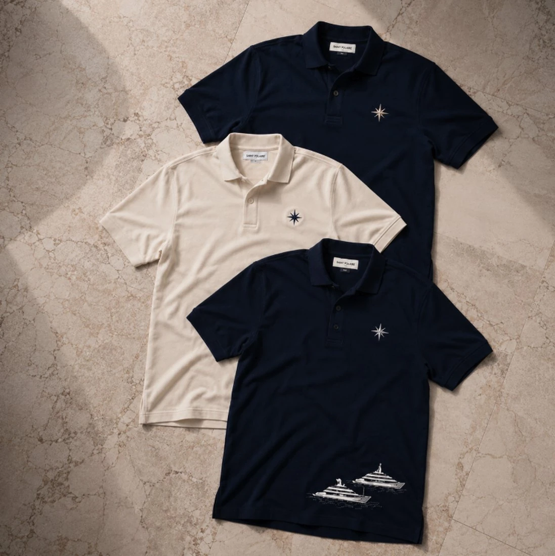 The Captain — two navy polos and a cream polo laid out on marble