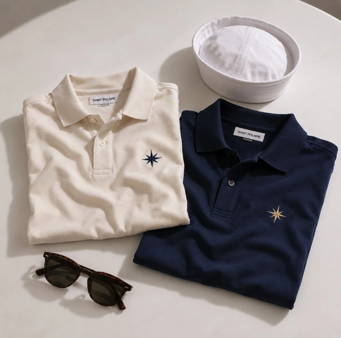 The Sailor Set — a cream polo and a navy polo folded on a table with sunglasses and a bucket hat
