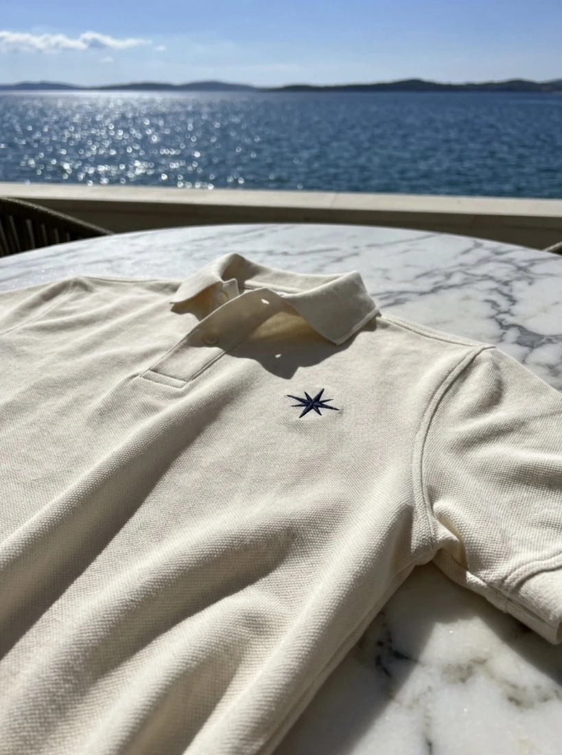 The cream Côtière polo by the sea